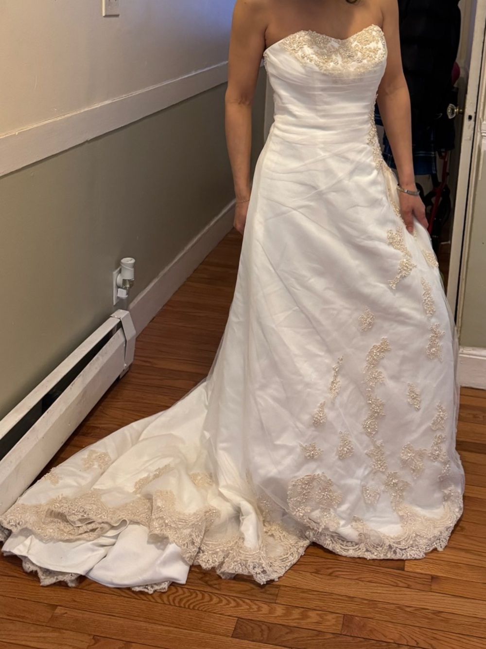 David's Bridal Ivory Wedding Dress with Champagne Lace Appliqué